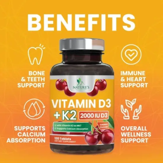 Vitamin D3 with K2 Supplement - High Potency Vitamin D Complex, Chewable - 60 Tablets;120 Tablets;180 Tablets image {4}