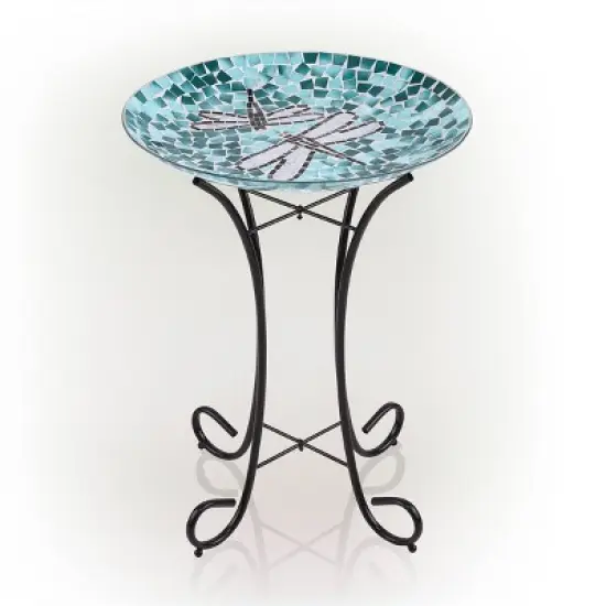 23" Outdoor Mosaic Dragonfly Glass Birdbath Bowl with Metal Stand Turquoise Green - Alpine Corporation image {4}