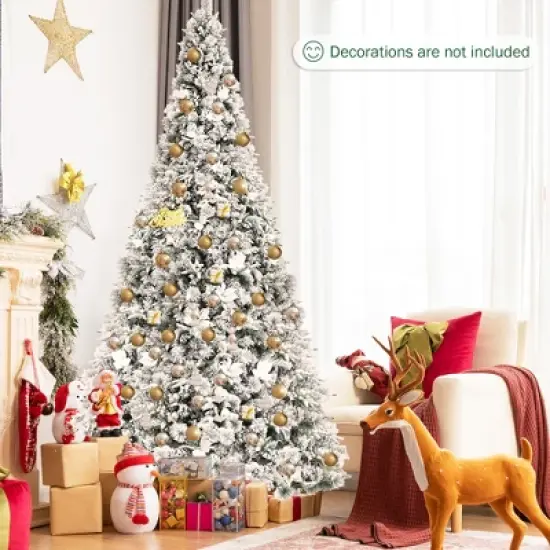 Costway 8ft Snow Flocked Hinged Christmas Tree w/ Berries & Poinsettia Flowers image {3}
