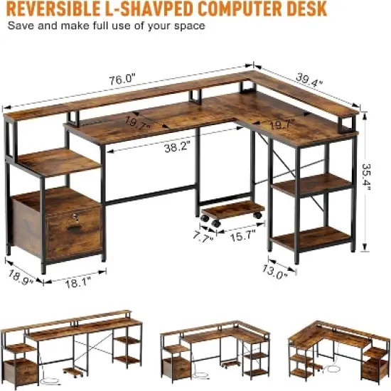 L Shaped Office Desk - 76" Reversible L Shaped Computer Desk Office Desk with Power Outlet and File Drawer Gaming Desk with Monitor Shelf Desk image {8}