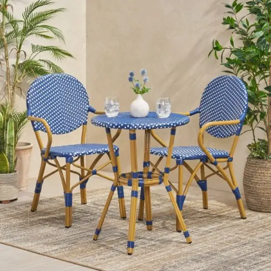 Paul 3pc Outdoor Aluminum French Bistro Set - Dark Teal/White/Bamboo - Christopher Knight Home image {1}