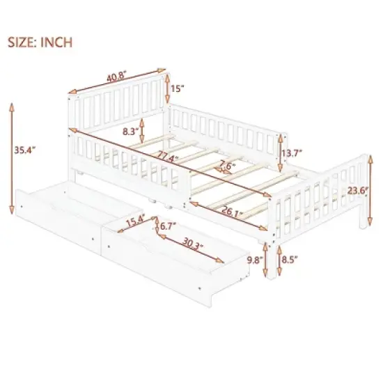 Twin/Full Size Wood Platform Bed Frame with Guardrails and Two Storage Drawers - ModernLuxe image {3}