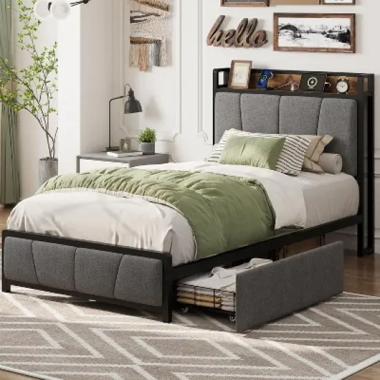 Twin/Full/Queen/King Size Upholstered Bed Frame with Storage Headboard, 2 Drawers, USB Charging Station, No Box Spring Needed, Heavy Duty, Grey image {1}