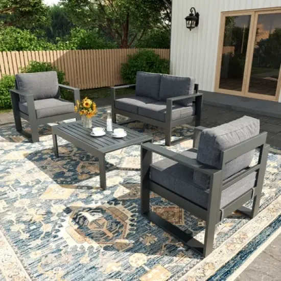 LayinSun 4 Pieces Aluminum Outdoor Patio Furniture Set, Metal Modern Conversation Sofa Set with Coffee Table and Washable Thick Cushions image {10}
