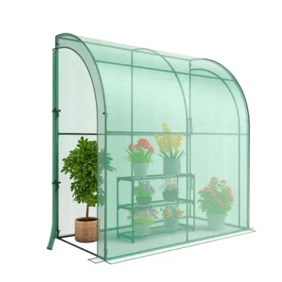 Costway 7'x 3.5'x 7' Lean-to Greenhouse Portable Wall House with Green PE Cover and Shelf image {9}