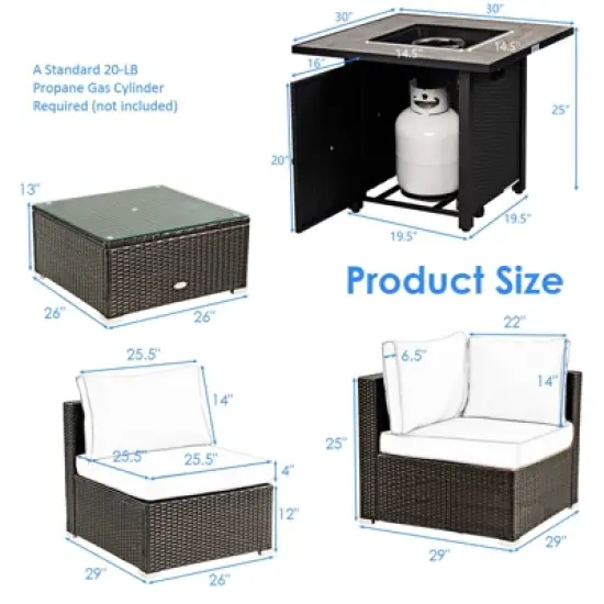 Tangkula 6 PCS Patio Wicker Furniture Set With 30" Gas Fire Pit Table 50,000 BTU Black/Red/Turquoise/Navy/White  Cushions image {8}