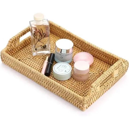 BRINJOY Handwoven Rattan Tray with Handles - 12.4x8.3 inch Rectangular Storage Basket for Breakfast, Snacks, Coffee Table Organization image {4}