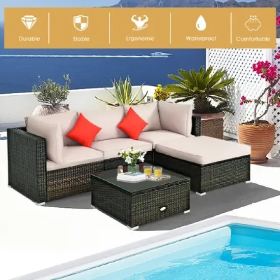 Tangkula 5PCS Rattan Sectional Sofa Set Patio Furniture Set w/ Beige Cushion Pillow image {7}