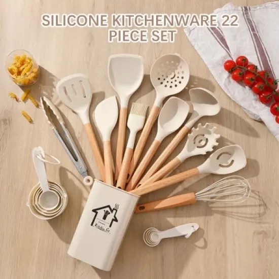 SKONYON 22-Piece Silicone Kitchen Utensil Set with Wooden Handles, Holder, Measuring Cups & Spoons, Nonstick-Safe image {3}