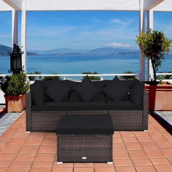 Tangkula 4PCS Rattan Patio Conversation Furniture Set Yard Outdoor w/ Black Cushion image {2}