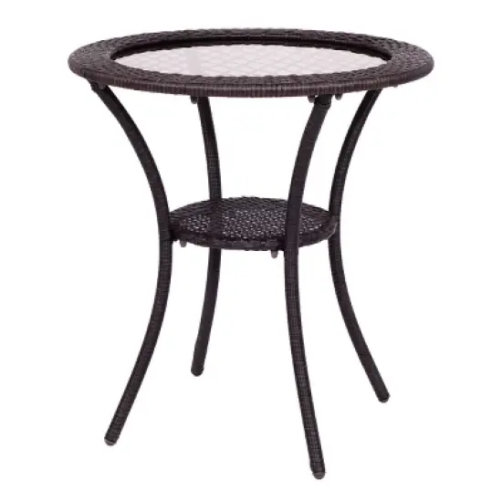Costway Round Rattan Wicker Coffee Table Glass Top Steel Frame Patio Furni W/Lower Shelf image {2}