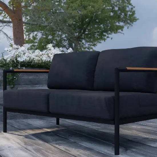 Merrick Lane Outdoor Loveseat with Removable Plush Fabric Cushions and Teak Accented Aluminum Frame image {7}