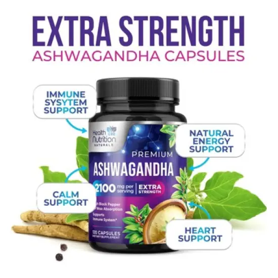 Ashwagandha 2,100 mg Extra Strength Stress & Mood Support with Black Pepper - 60 Count;120 Count image {4}