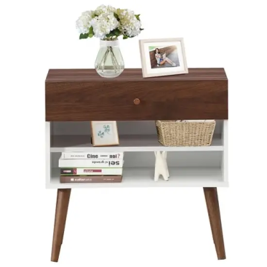 Costway Nightstand End Side Table Drawer Storage Shelf Mid-Century Rubber Wood Leg image {7}