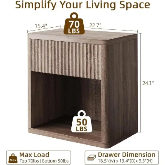 Night Stand Set of 2 With Fluted Drawer Storage End Table, Mid Century Wood Night Stands, Large Modern Farmhouse Nightstand for Bedroom Office image {2}