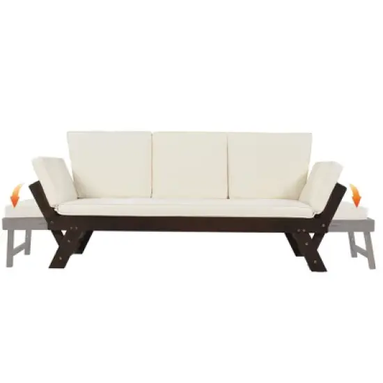 Outdoor 3-Seater Sofa, Patio Wooden Daybed Chaise Lounger with Adjustable Arm and Cushion for Garden, Backyard -ModernLuxe image {7}