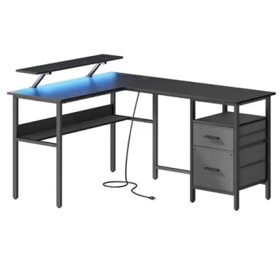 L-Shaped Desk with Power Outlets, Computer Desk with Monitor Stand, 2 Drawers, for Home Office image {8}
