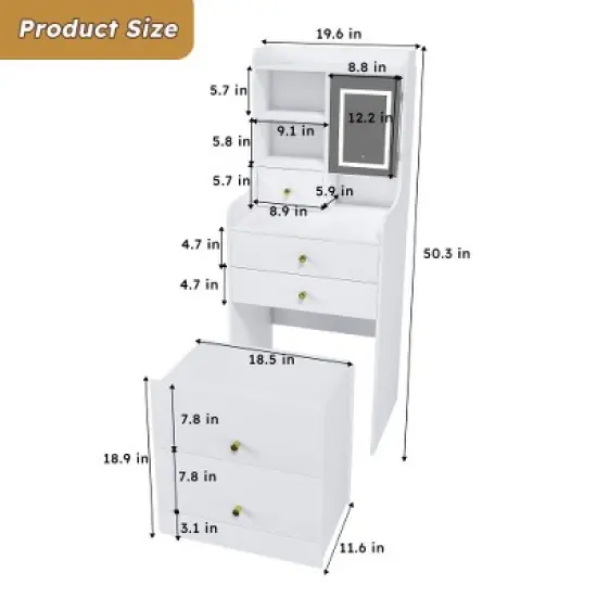 TOBILI 3-in-1 Dressing Table with LED Mirror & Storage Stool - Compact Makeup Vanity with 4 Drawers,White Density Board Design Organization image {5}