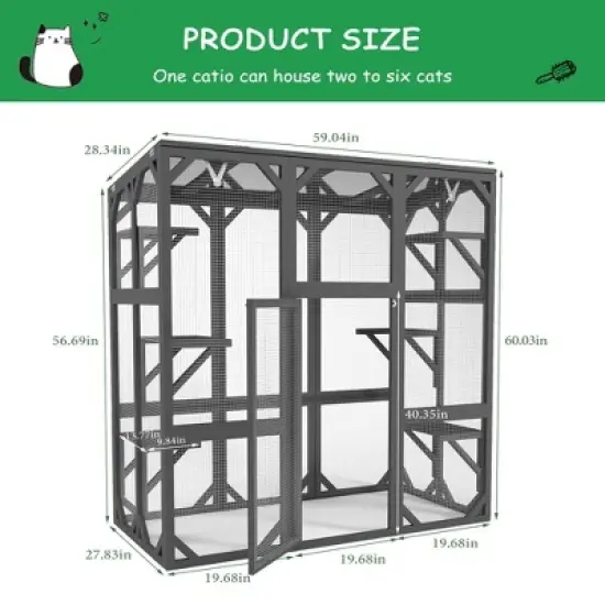 Catio Outdoor Cat Enclosure, 59" Wooden Cat House with 6 Platform, Large Cat Kennel Condo with Waterproof Roof, Feral Cat Shelter for Multiple Cats image {2}