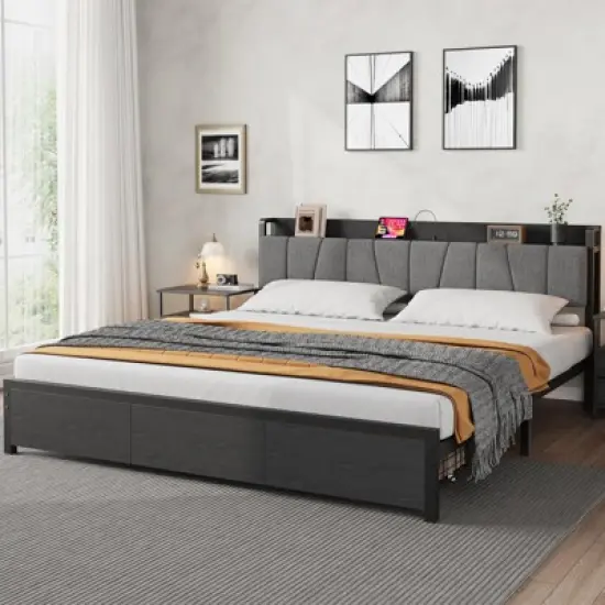 Bed Frame with Storage Headboard, Industrial Full Platform Bed with 2 Large Drawers and Charging Station, Black image {2}