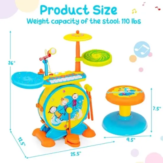 Costway 2-in-1 Kids Electronic Drum Kit Music Instrument Toy w/ Keyboard Microphone Blue image {1}