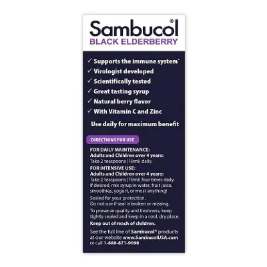 Sambucol Black Elderberry Advanced Vegan Immune Support Syrup with Vitamin C and Zinc - 4 fl oz image {1}
