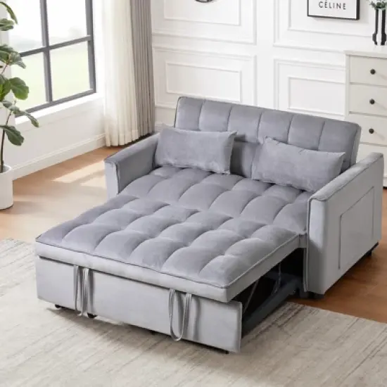 Modern Polyester Loveseat Futon Sofa Couch Polyesterllout Bed, Small Love Seat Lounge Sofa w/Reclining Backrest, Toss Pillows, Pockets image {6}