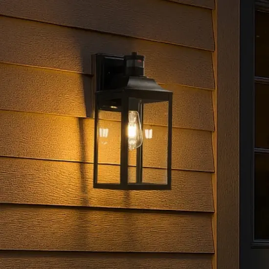ALOADECOR 1 Light H16 in. Farmhouse Outdoor Wall Lantern with Motion Sensor in Matte Black Modern Wall Sconce with Clear Glass for Courtyard image {9}