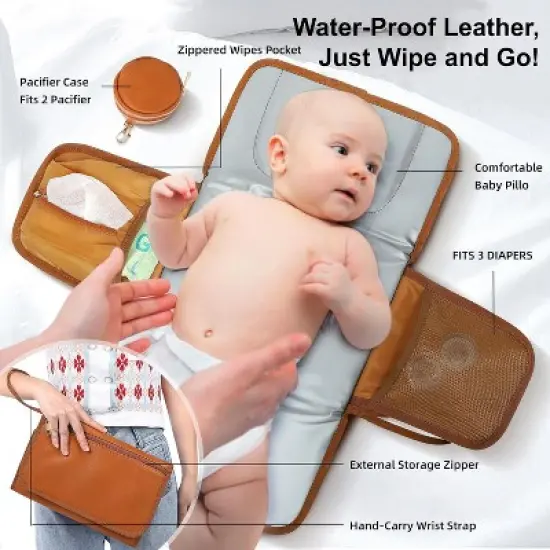 Itopfox Vegan Leather Diaper Backpack with Waterproof Changing Pad, Reinforced Stitching & Zippers, Ergonomic Design for Traveling Moms, Brown image {2}
