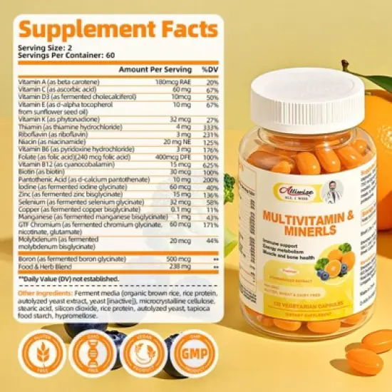 Alliwise Multivitamin & Minerals Capsules - Support Immunity & Energy, Healthy Hair & Skin - 120 Capsules image {6}