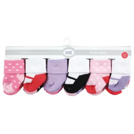 Luvable Friends Baby Girl Newborn and Baby Terry Socks, Coral Lilac Mary Janes 12-Pack image {1}