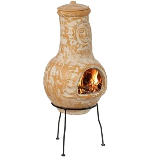 Vintiquewise Outdoor Clay Chiminea Fireplace Sun Design Wood Burning Fire Pit with Sturdy Metal Stand, Barbecue, Cocktail Party, Cozy Nights Fire Pit image {8}