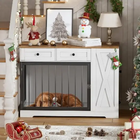 PAKASEPT Dog Crate Furniture, 47"W Dog Crate with Storage Cabinet and Feeder, Dog Kennel Furniture with Double Doors for Small/Medium/Large Dog image {7}