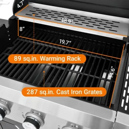 3-Burner Propane Gas Grill in Stainless Steel with Side Burner, Condiment Rack and Built-in Thermometer with Grill Cover image {7}
