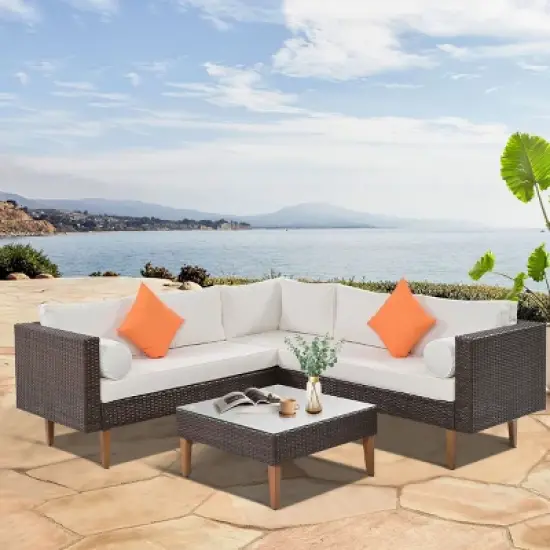 Outdoor 4-Pieces L-Shaped Sofa Set, Wicker Sofa Set with Glass Tabletop Table, Wicker Sofa with Polyester Cushions&ndash;Cuddlewood image {1}