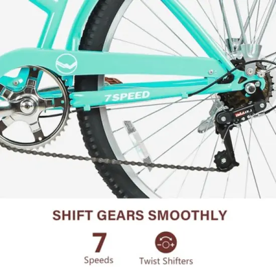 Hykolity 26 Inch Beach Cruiser Bike 7-Speed Commuter Bicycle Outdoor City Bike for Women with Rear Rack High-Carbon Steel Front Rear Fenders & Basket image {2}