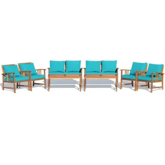 Tangkula 8pcs Wooden Patio Furniture Set Table & Sectional Sofa w/ Turquoise Cushion image {10}