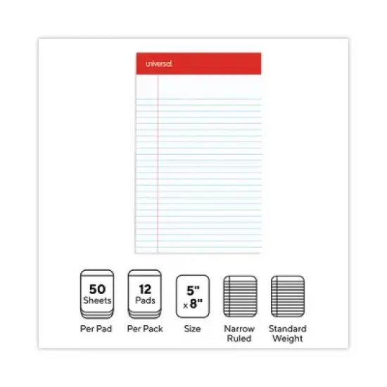 Universal Perforated Ruled Writing Pads, Narrow Rule, Red Headband, 50 White 5 x 8 Sheets, Dozen image {3}