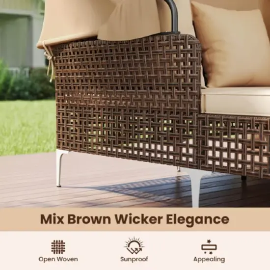 Costway Outdoor Rattan Double Daybed with  Retractable Canopy & Seat Back Cushions image {6}