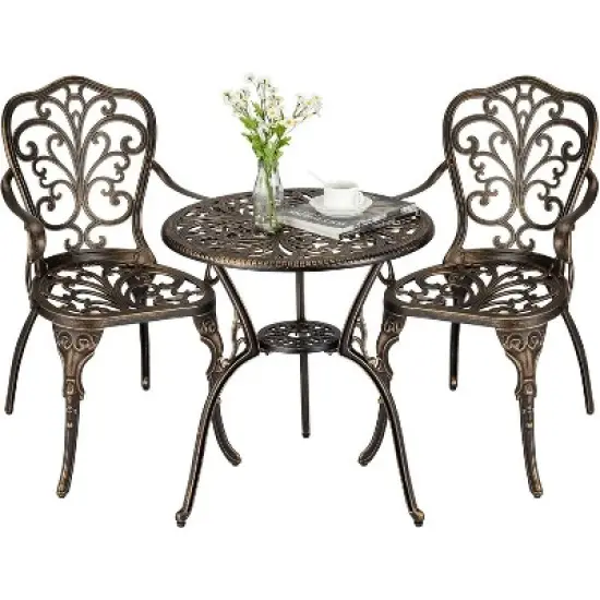 3-Piece Outdoor Bistro Set, Rust-Resistant Cast Aluminum Table and Chairs with Umbrella Hole image {9}