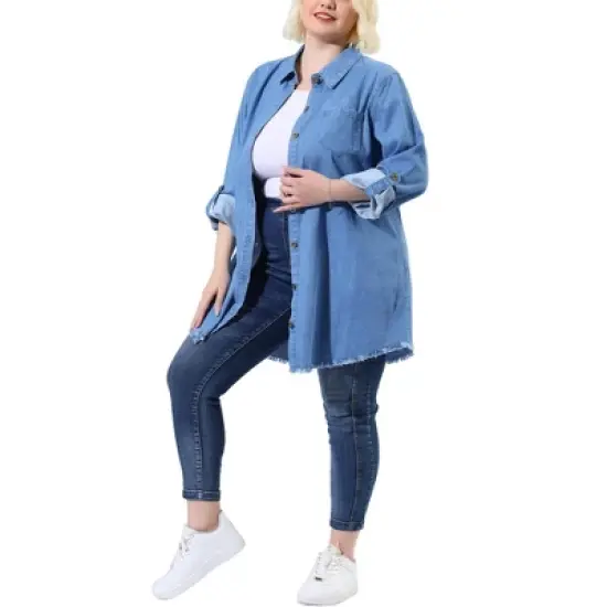 Agnes Orinda Women's Plus Size Lightweight Button Down Denim Long Sleeve Shirt Jacket image {6}