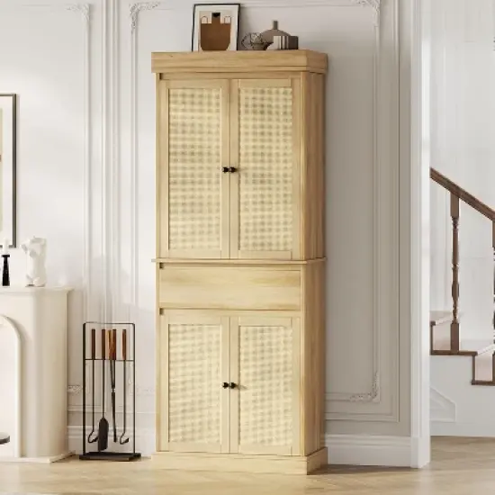 69" Freestanding Pantry Cabinet - Tall Kitchen Storage with Rattan Doors, Adjustable Shelves & Drawer for Living Room or Dining Room image {9}