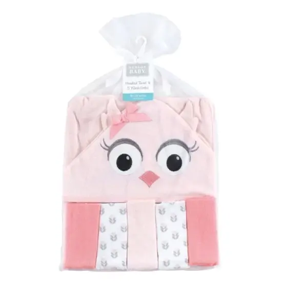 Hudson Baby Infant Girl Hooded Towel and Five Washcloths, Pink Owls, One Size image {1}