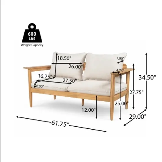 Outdoor Acacia Wood Loveseat,Modern Patio 2-Seater Armrest Sofa with Cushions,Small Space Furniture for Balcony Porch-Koiai image {3}