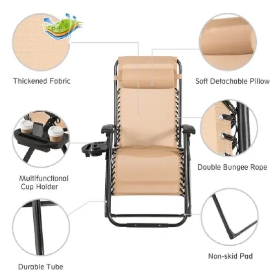 Tangkula Oversized Zero Gravity Lounge Chair Folding Recliner w/ Cup Holder & Pillow, Beige image {8}