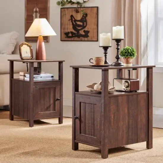 2 PCS Nightstand with Charging Station & Barn Door & Open Shelves，Farmhouse End Table for Bedroom, Living Room image {5}