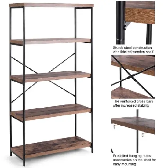 Costway 5-Tier Bookshelf, Industrial Etagere Bookcase, Rustic Display Shelf Organizer image {3}