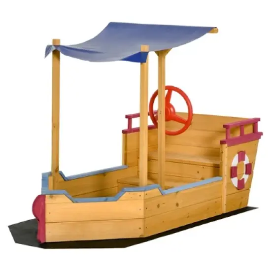 Outsunny Wooden Pirate Sandbox for Kids, Covered Children Sand boat Outdoor, w/ Storage Bench, Sun Protective Canopy Cover, Ages 3-8 Years Old, Orange image {3}