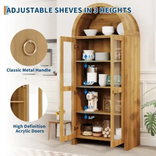 70 Inch Tall Arched Pantry Cabinet with Acrylic Doors - 5-Tier Adjustable Shelf, Wooden Storage, Modern Bookshelf for Kitchen, Dining, Living Room image {2}