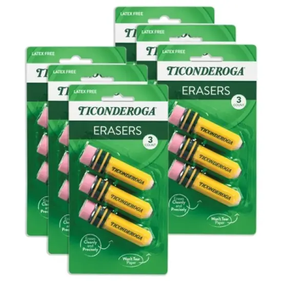 Ticonderoga&reg; Erasers, Pencil Shaped, Yellow, 3 Per Pack, 6 Packs image {5}